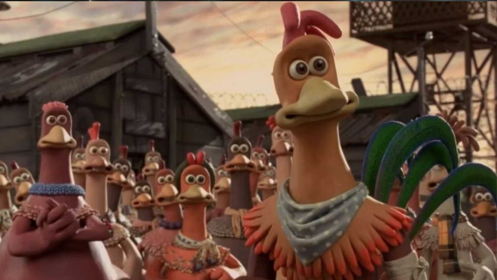 The chickens look on in Chicken Run (2000)