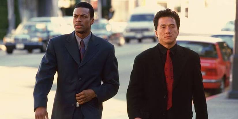 Chris Tucker as Detective James Carter and Jackie Chan as Chief Inspector Lee in a scene from Rush Hour.