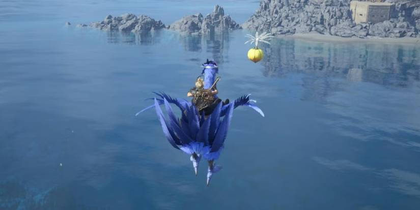 Cloud riding a Chocobo and collecting Chocograss in Final Fantasy 7 Rebirth