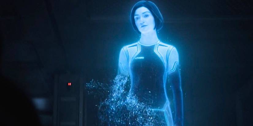 Cortana (Christina Bennington) materializes in front of Master Chief in Halo
