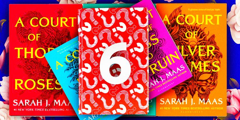 Книги *A Court of Thorns and Roses* Сары Дж. Маас с красной книгой, покрытой вопросительными знаками и цифрой 6