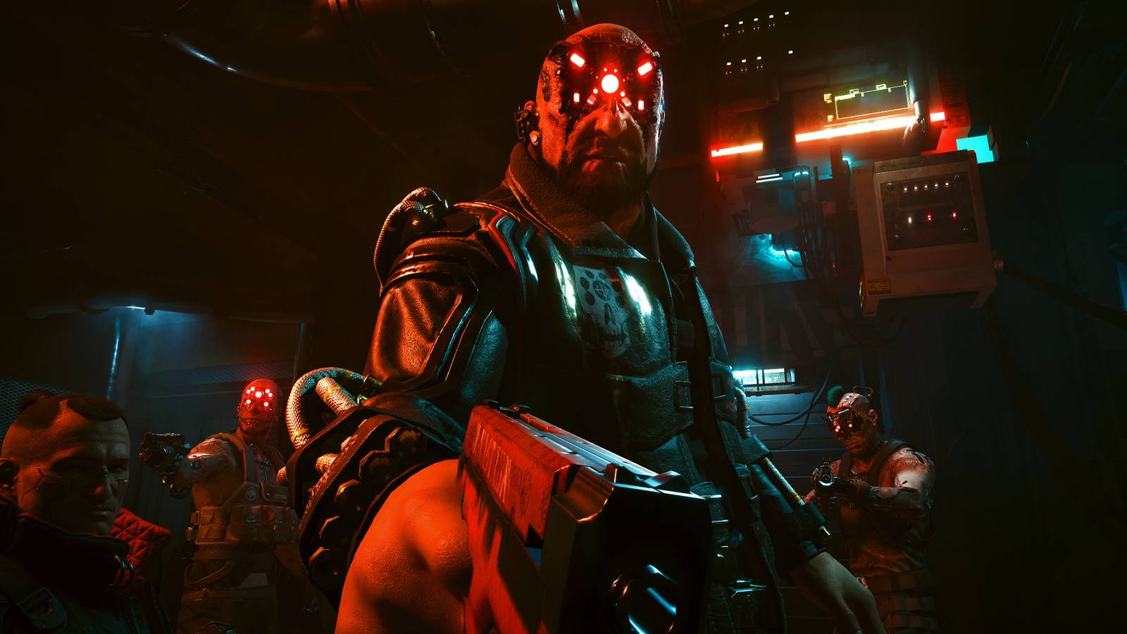 The Maelstrom leader Royce aiming his gun at V in Cyberpunk 2077.