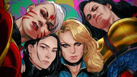 Comic book art: Birds of Prey team featuring Zealot, Batgirl, Black Canary, Big Barda