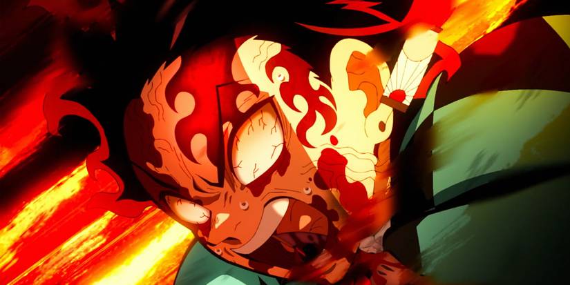 Demon Slayer's Tanjiro attacking, with a flame-like mark prominently on his face.