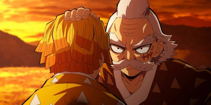 Demon Slayer's Jigoro puts a hand on Zenitsu's head at dawn.