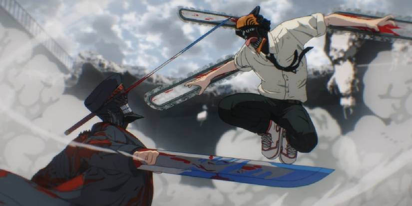 Denji jumps at a surprised Katana Man with smoke behind them in Chainsaw Man.