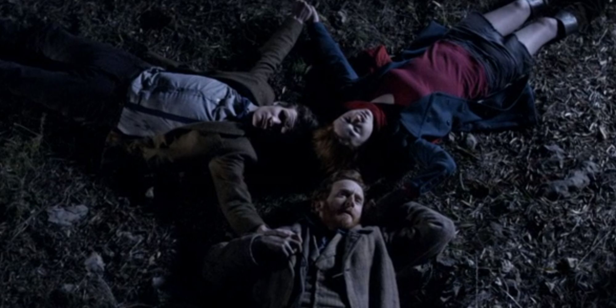 Doctor Who Vincent and the Doctor  Matt Smith Tony Curran and Karen Gillan as The Doctor Vincent Van Gogh And Amy Pond lying on the ground and looking up at the sky
