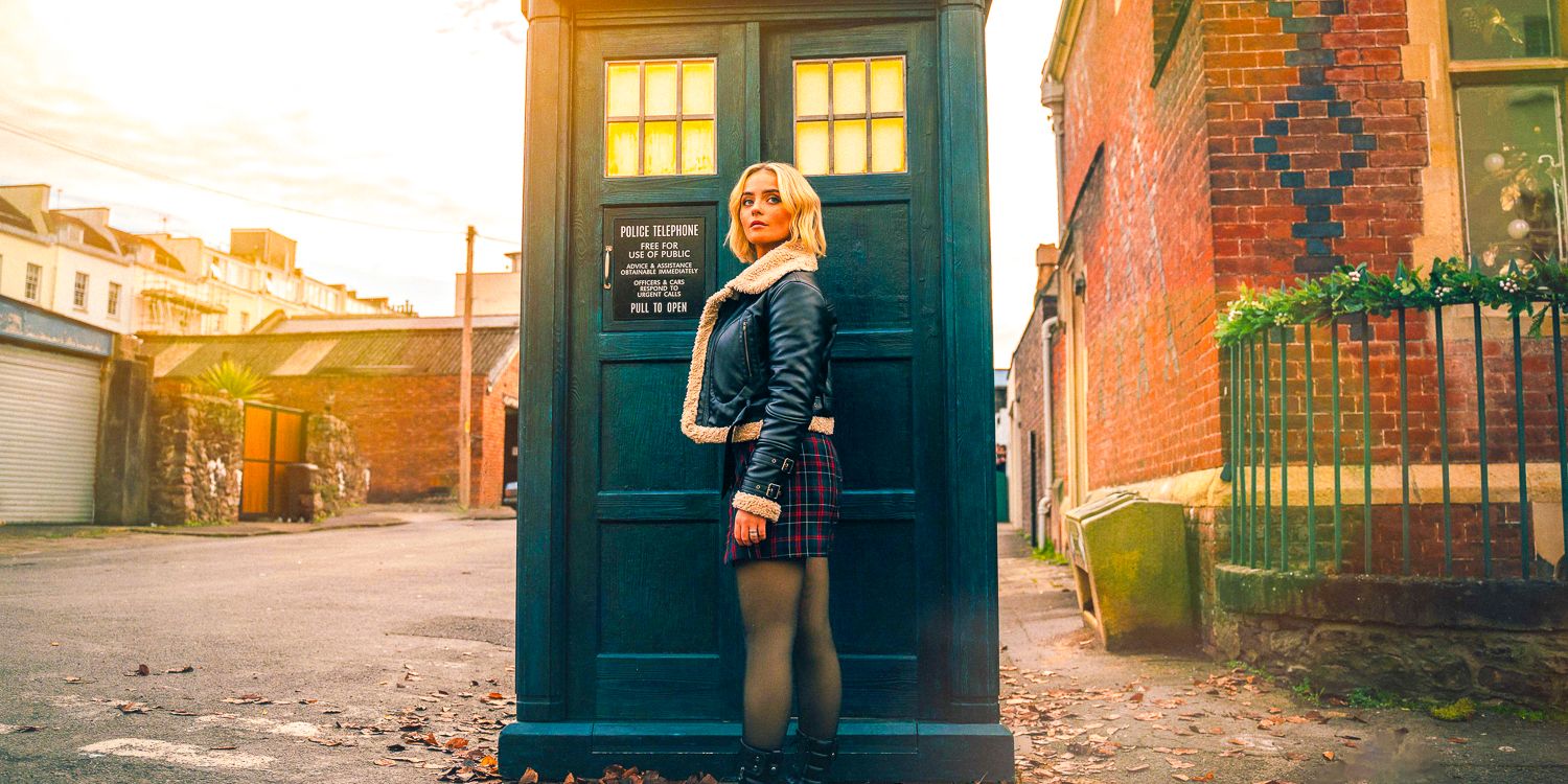 Ruby Sunday standing very imposingly in front of the TARDIS in Doctor Who season 14 trailer.