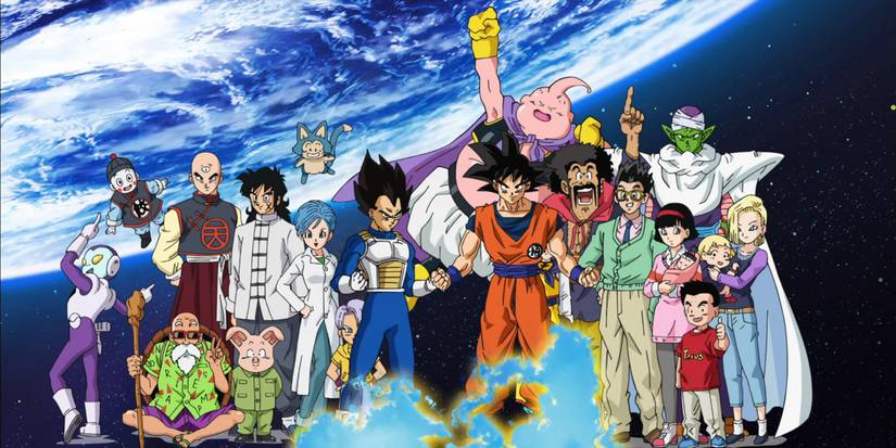 Dragon Ball Super's opening credits, depicting Goku, Vegeta, and a large group of other Dragon Ball characters.