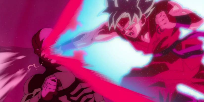 Dragon Ball Super's Goku combines Kaio Ken and Super Saiyan Blue to attack Hit.
