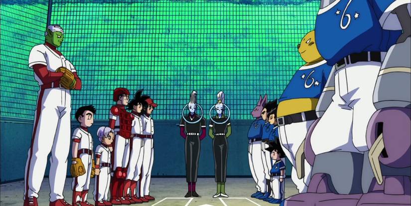 Dragon Ball Super's heroes facing each other in a baseball arena.