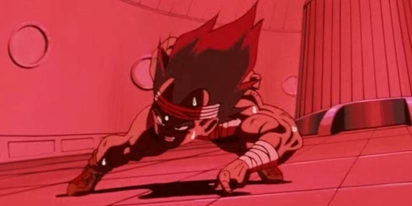 Screenshot from Dragon Ball Z anime episode 124 shows Vegeta Injured while gravity training.