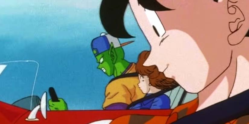 Screenshot from Dragon Ball Z anime episode 125 shows Goku and Piccolo racing Cars while taking their driving test.
