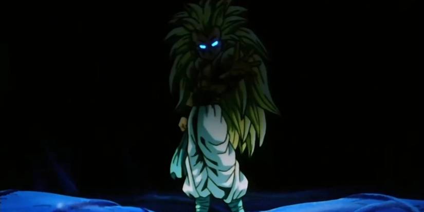 Screenshot from Dragon Ball Z episode 274 shows Super Saiyan 3 Gotenks Inside Buu with glowing eyes, shrouded in darkness.