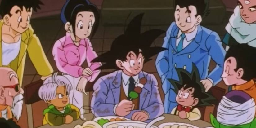 Screenshot from Dragon Ball Z anime filler shows Goku eating food surrounded by Friends.