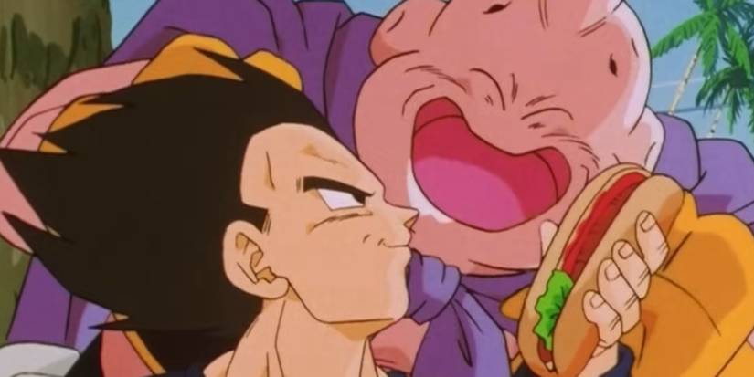 Captura de tela do filler do anime Dragon Ball Z mostra Vegeta Compartilhando comida com Buu.