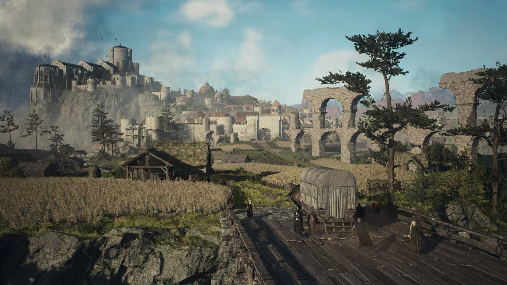 Dragon's Dogma 2 a covered wagon sits on a bridge outside a city that has stone buildings and arches going up a hill.
