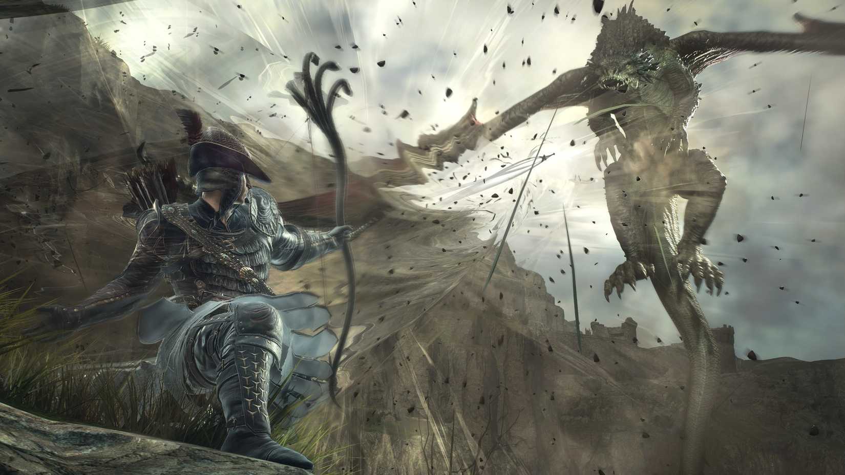 Dragon's Dogma 2 Magick Archer class in metal armor firing an arrow at a dragon flying above.