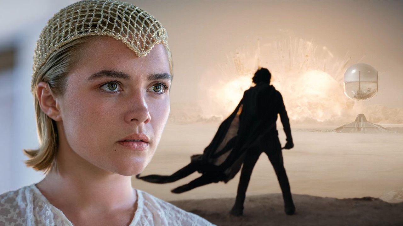 Princess Irulan (Florence Pugh) looking disturbed composited with an image of Paul standing in front of a major battle in the distance from Dune: Part 2