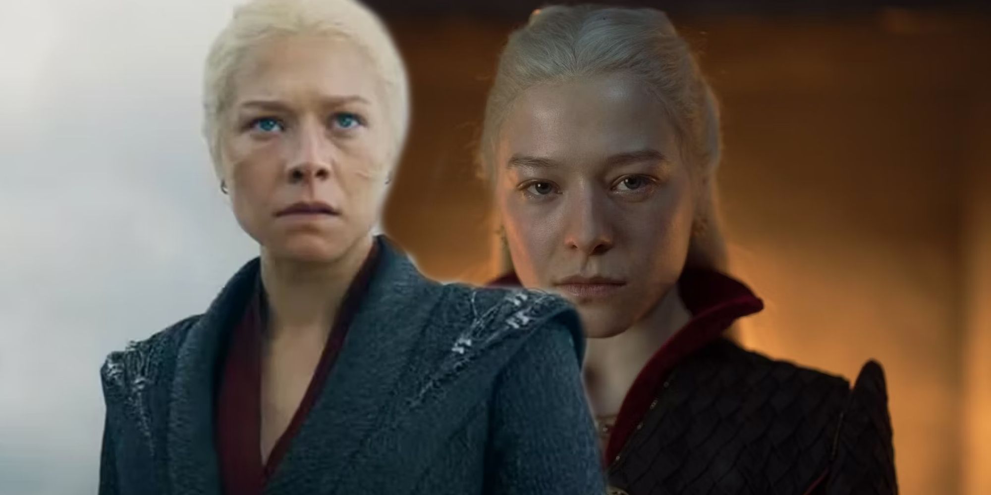 Emma D'Arcy as Rhaenyra Targaryen in House of the Dragon looking angry in season 2 and looking stoic in season 1.