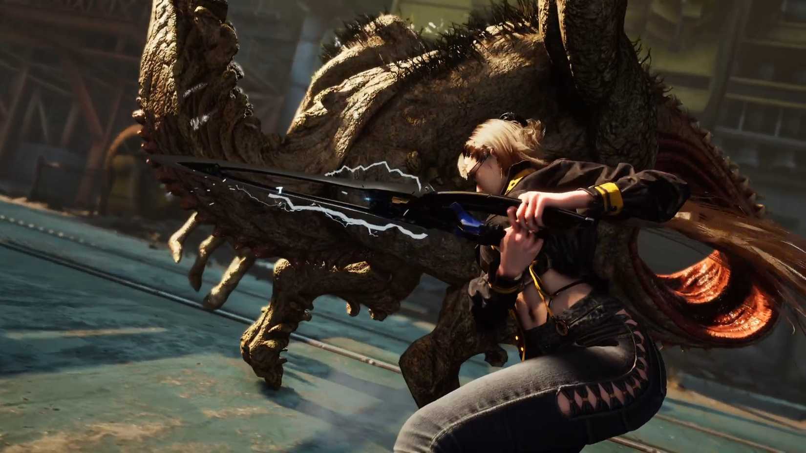 Screenshot from Stellar Blade demo shows Eve holding a sword with two hands that has lightning coming off it before plunging it into a large creature.