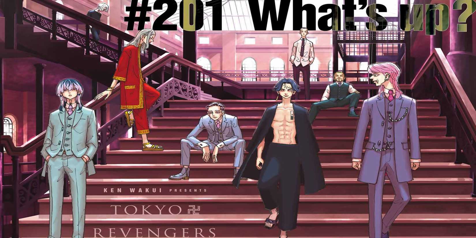 Tokyo Revengers Chapter 210 Color Spread depicting the main antagonists standing on a staircase wearing nice suits.