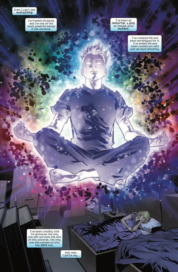 Fantastic Four #18 preview page 2 - franklin richards hovers above his bed, exuding immense cosmic power
