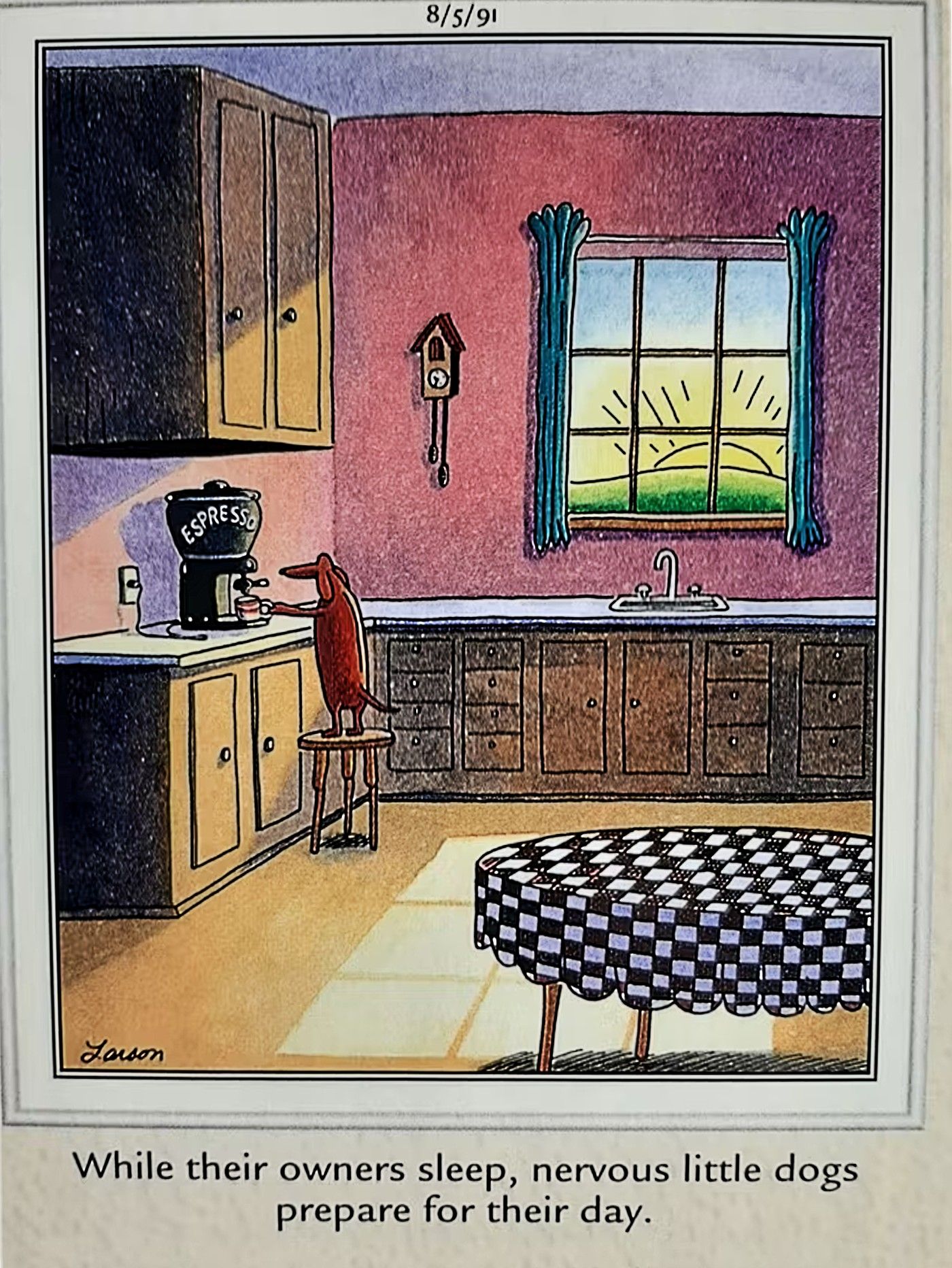 Far Side, dog in the kitchen making coffee before owners wake up