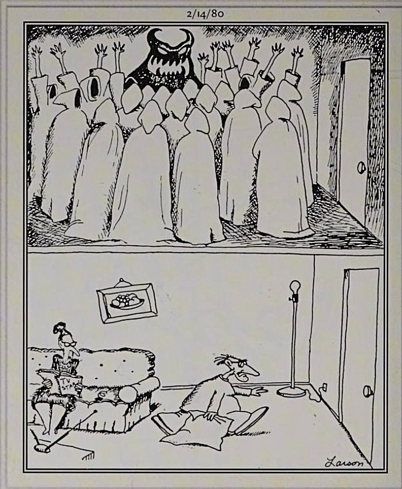 Far Side, downstairs neighbor about to interrupt a demon summoning in the apartment above.