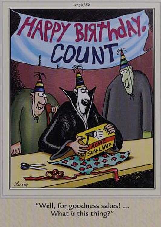 Far Side, Dracula's friends get him a sun lamp for his birthday