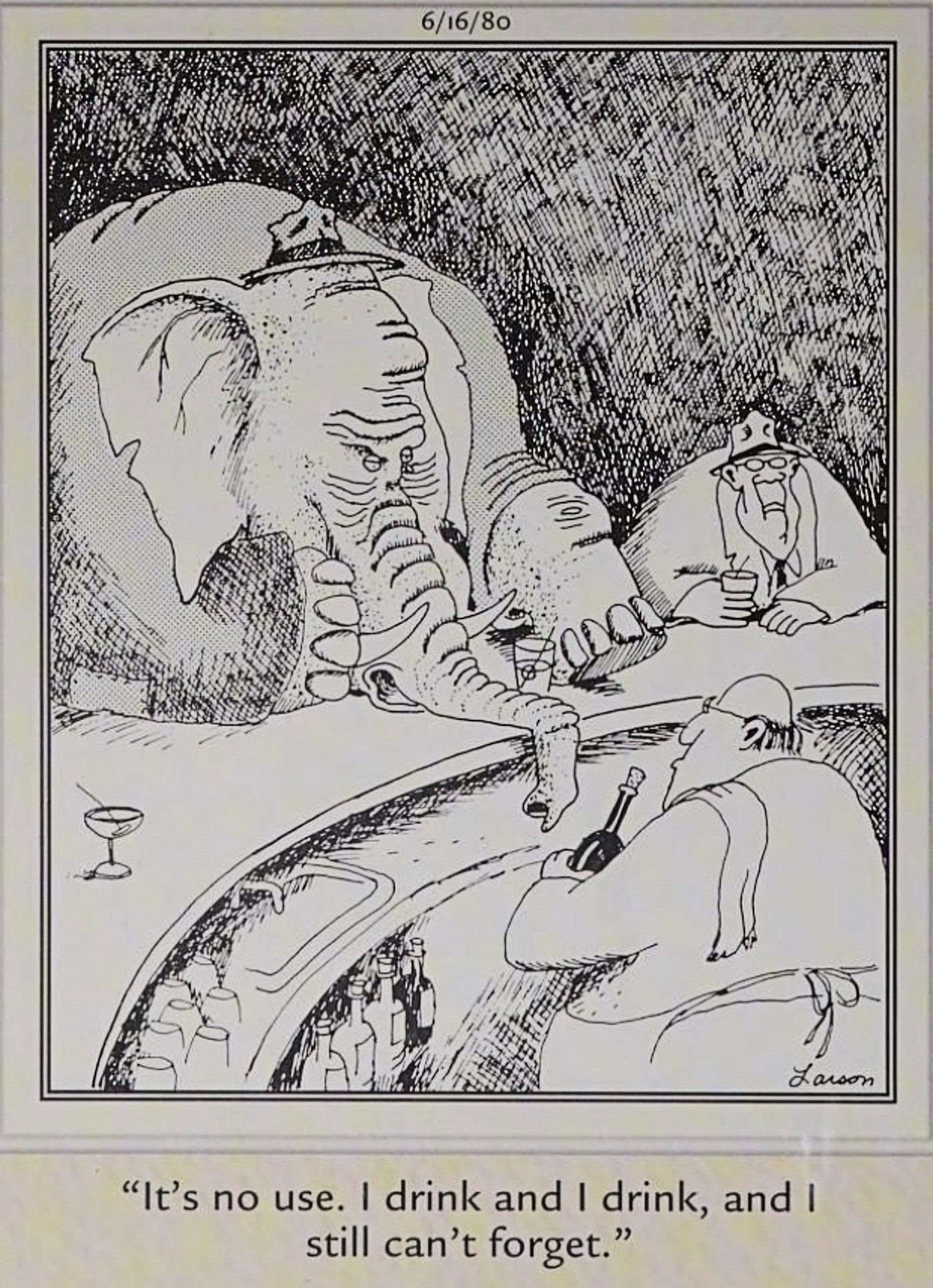 Far Side, elephant drinking to forget but can't