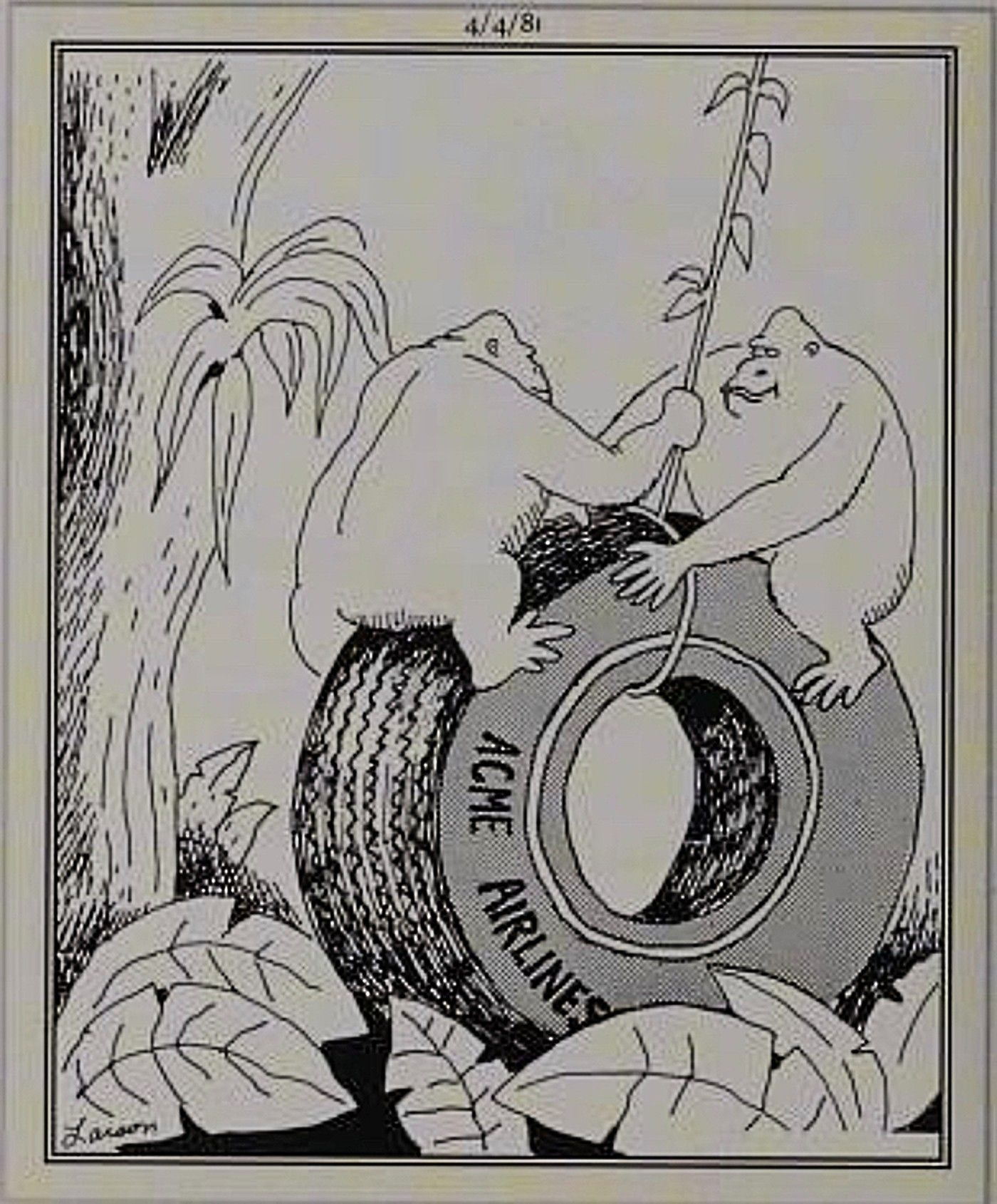 Far Side, gorillas made a swing out of a crashed airplane wheel
