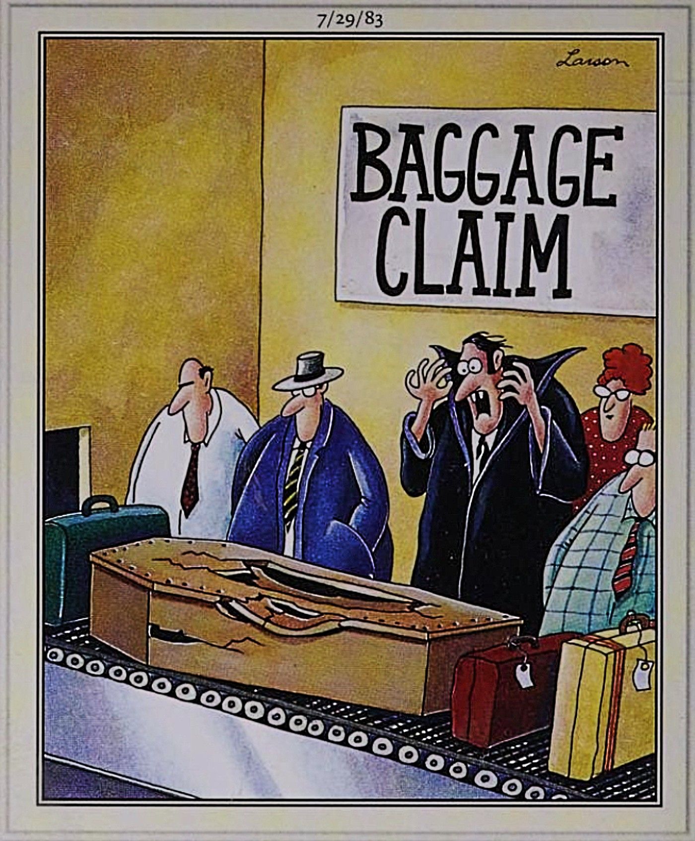 Far Side, vampire's coffin is destroyed at baggage claim