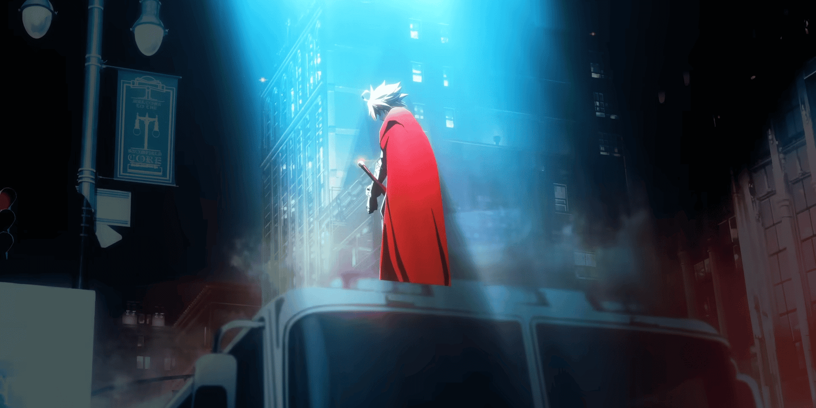 True Saber stands facing away from the camera, his red cape draping him, while he stands atop a bus in a city, while a blue spotlight shines down on him from above.