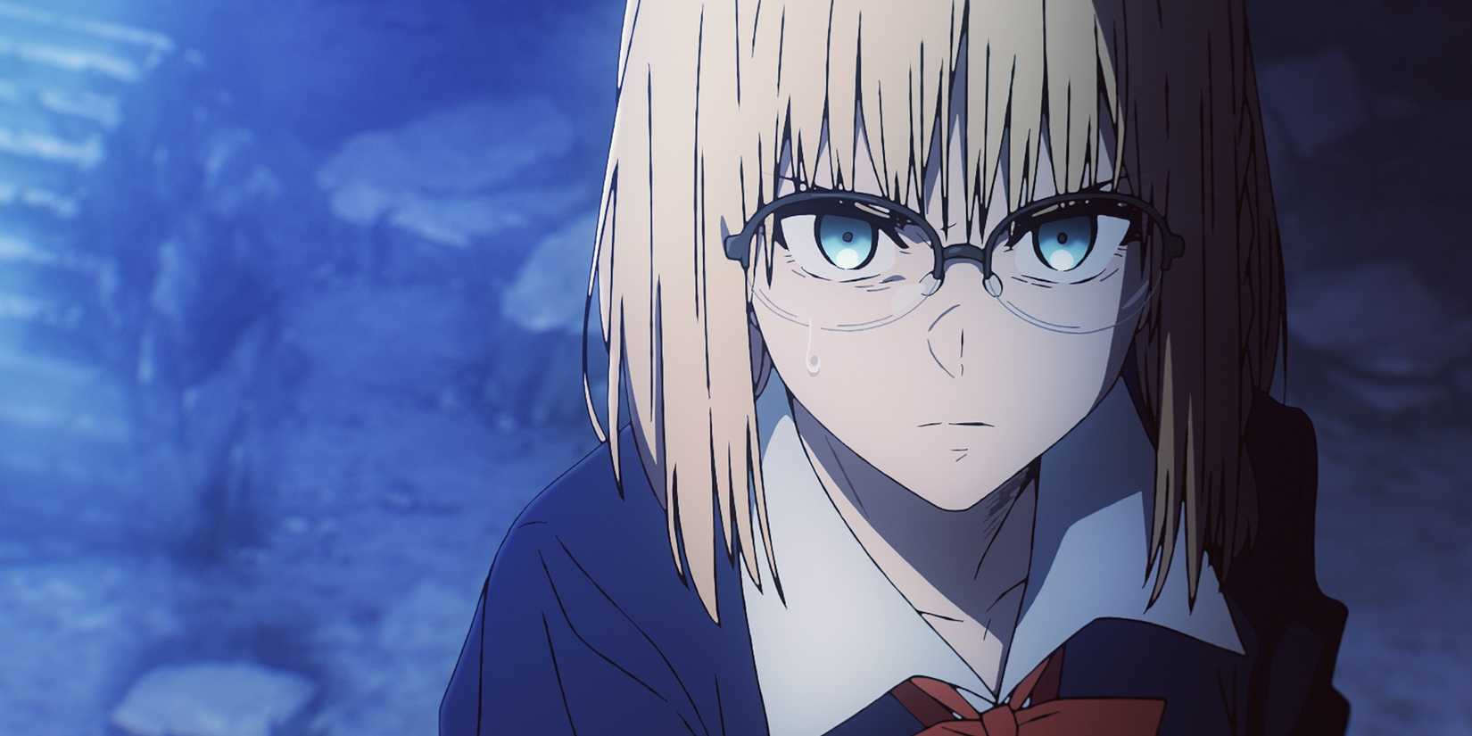 Sajou Ayaka, seen at the end of Fate/Strange Fake -Whispers at Dawn- looks towards the camera amid ruins, face contorted with frustration or anger.