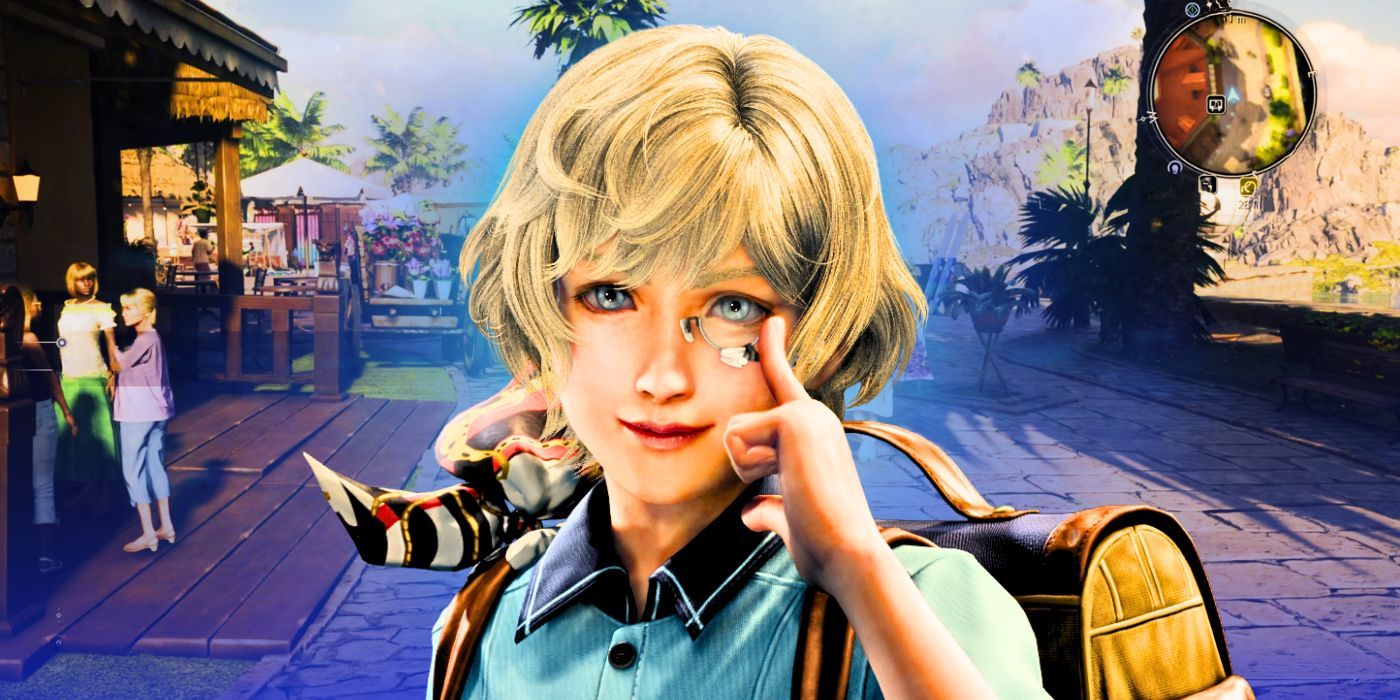 Chadley pushing up his monocle in FF7 Rebirth in front of a Costa del Sol environment.