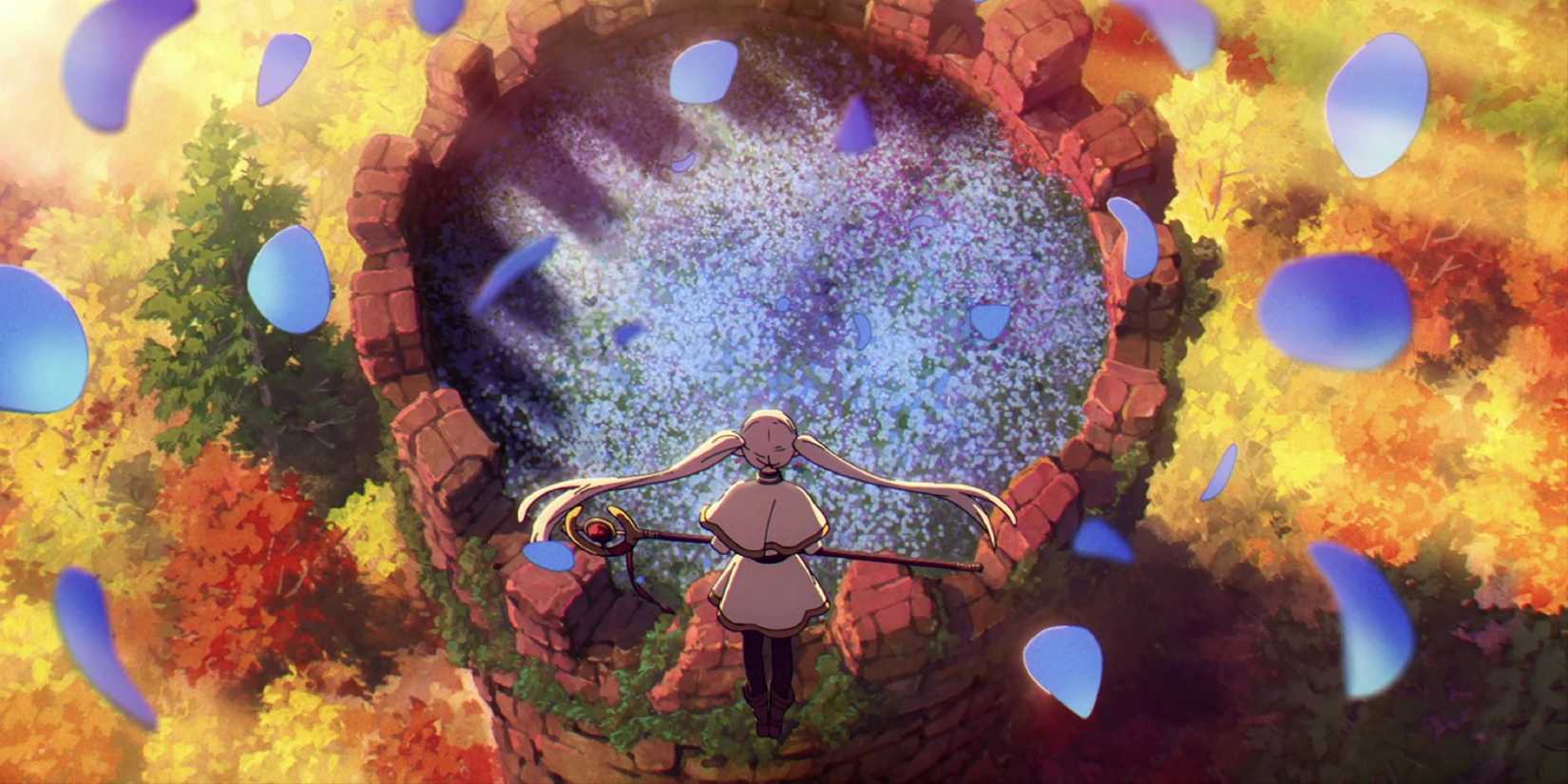 Frieren hovering over a tower roof full of blue flowers