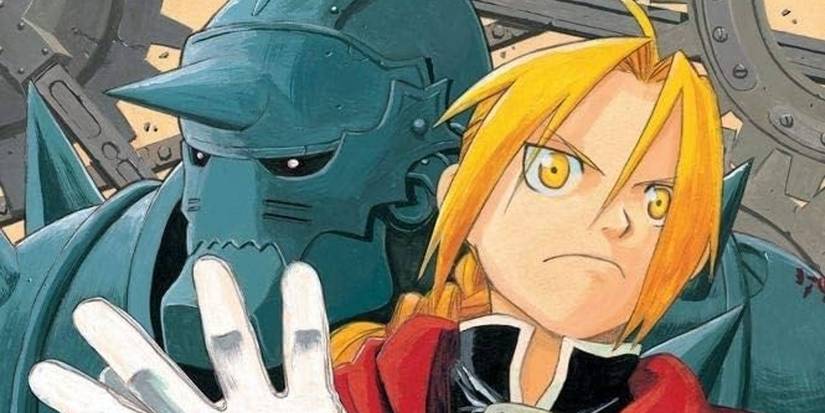 Edward Elric determinedly pulling his gloves on with Alphonse Elric behind him on a Fullmetal Alchemist manga cover.