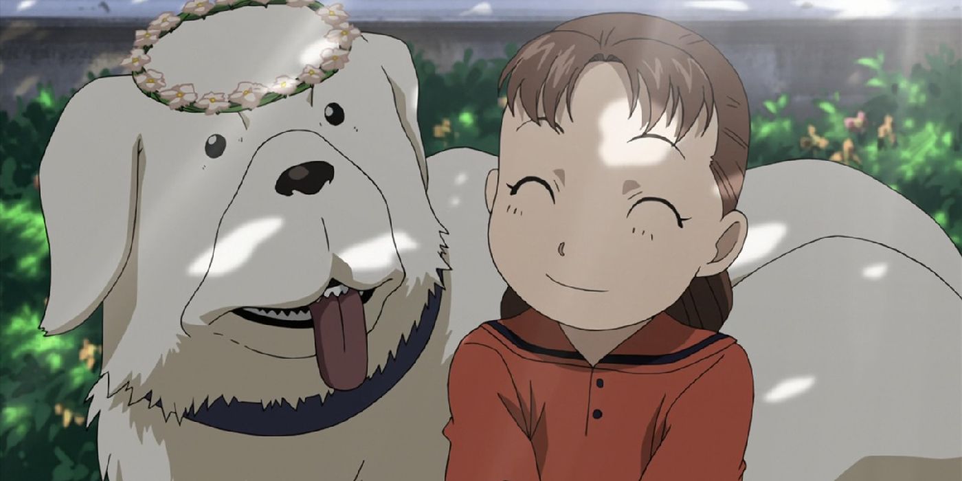 Fullmetal Alchemist Nina e Alexander sentados debaixo de uma árvore e sorrindo.