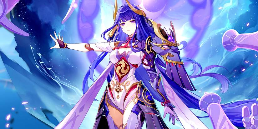 Raiden Shogun in her boss form in Genshin Impact extends her arm to the side.