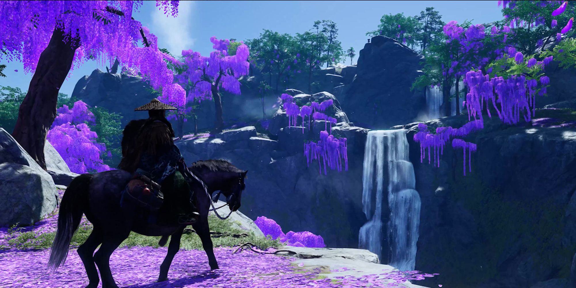 Ghost of Tsushima PC - Jin on a horse alongside purple blossoming trees-1