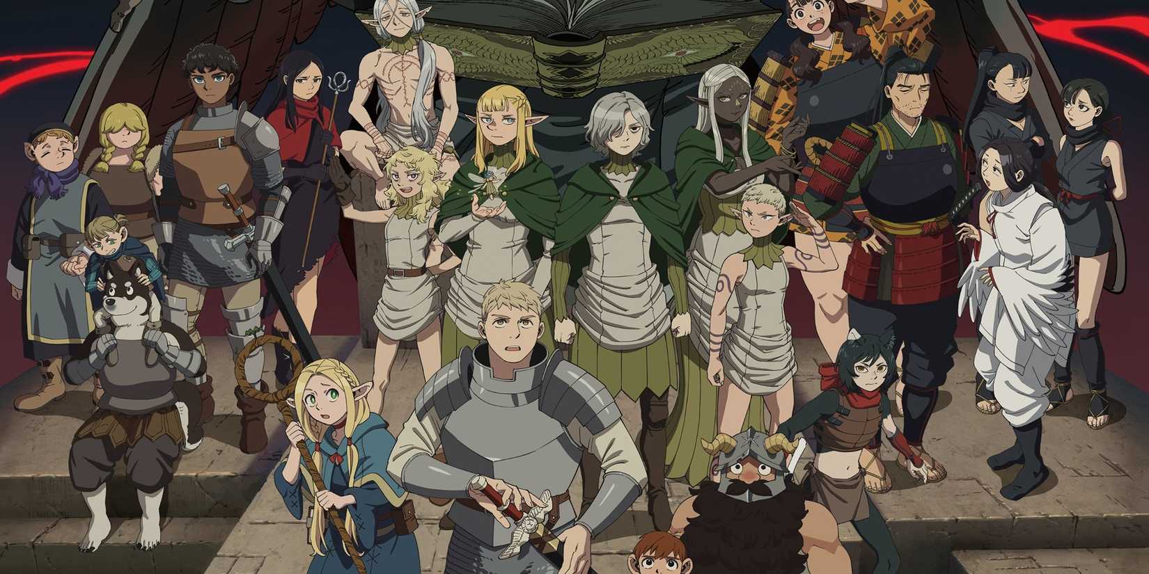 Delicious In Dungeon Part 2 key visual depicting the full cast standing confidently and facing forward.