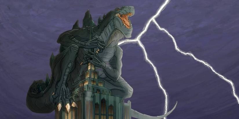 Godzilla agachado no Empire State Building em Godzilla: The Series.
