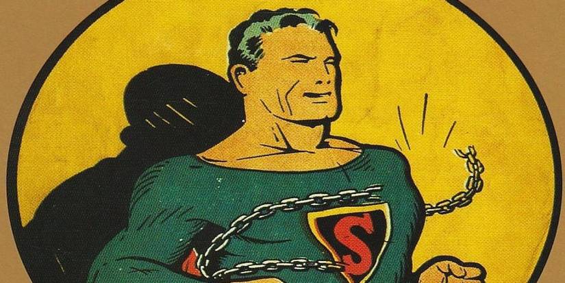 Superman da Era de Ouro quebrando uma corrente de metal ao seu redor