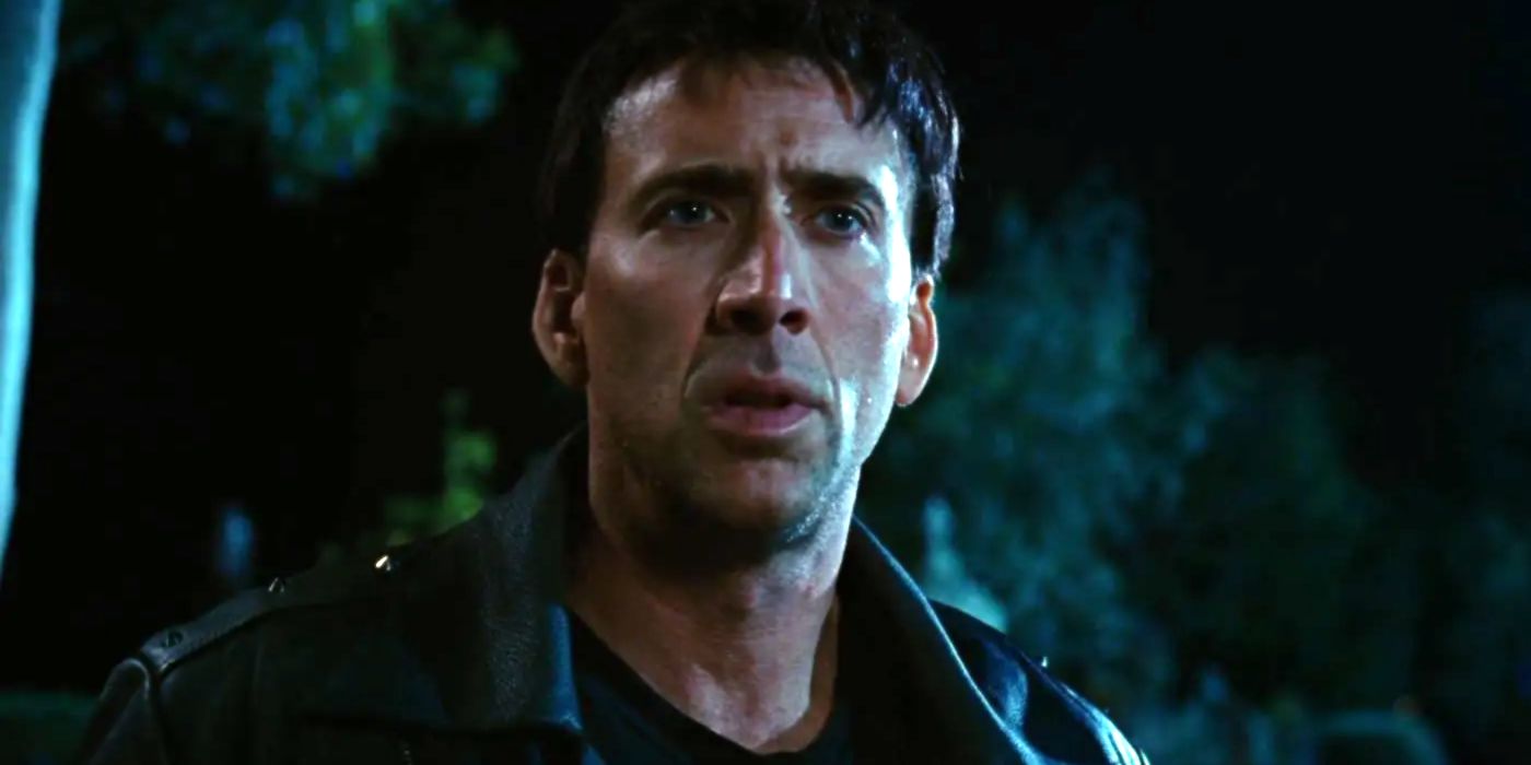 Nicolas Cage as Johnny Blaze looking confused in Ghost Rider (2007)