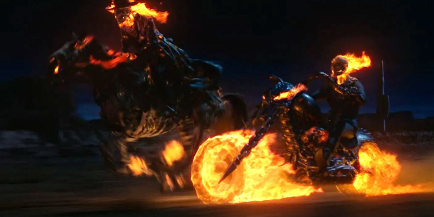 Sam Elliott as Carter Slade/Ghost Rider riding a fiery horse alongside Nicolas Cage as Johnny Blaze in Ghost Rider (2007)