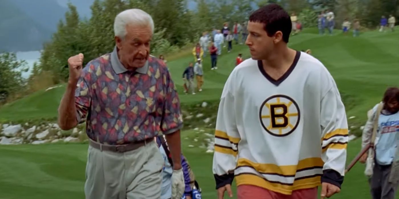 Adam Sandler walks next to Bob Barker on a golf course in Happy Gilmore