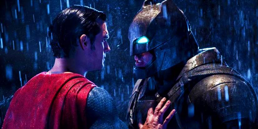 Henry Cavill as Superman and Ben Affleck in his mech-Batman suit in 2016's Batman v Superman Dawn of Justice