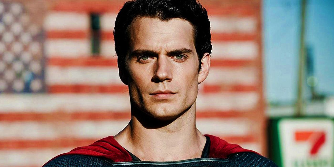 Henry Cavill as Superman in front of an American flag mural in 2013's Man of Steel