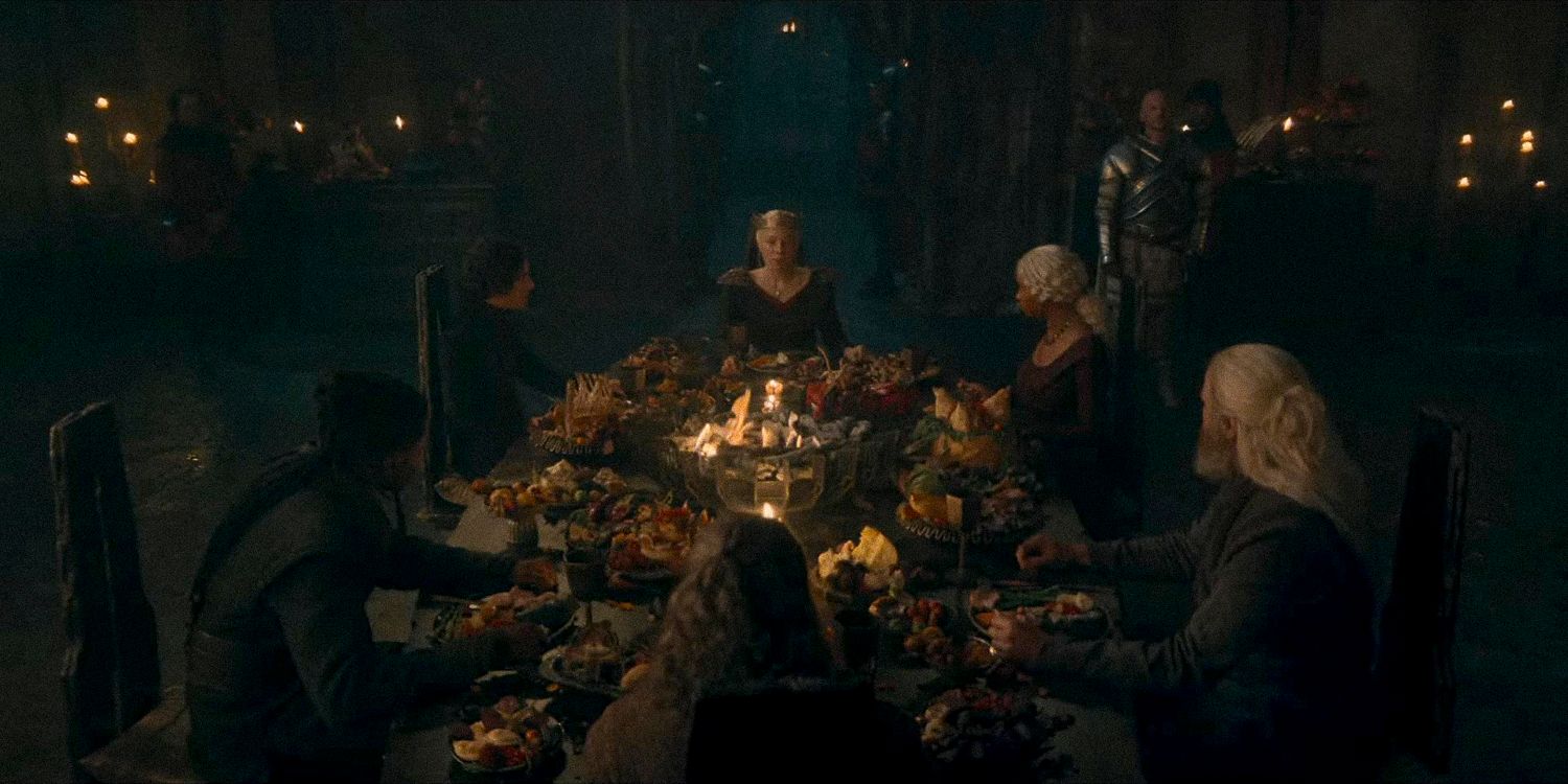 Rhaenyra Targaryen and her allies at a banquet table in House of the Dragon - season 2